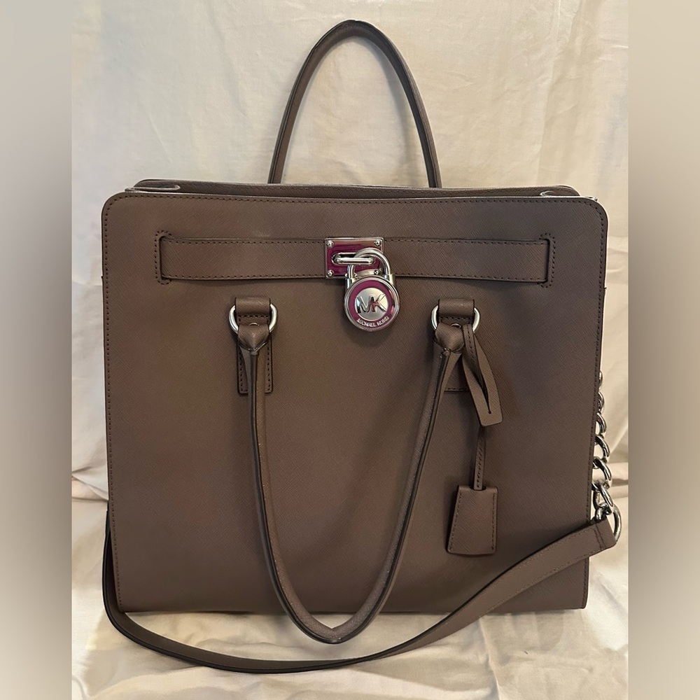 Michael Kors Taupe Leather Briefcase Tote with Signature Lock